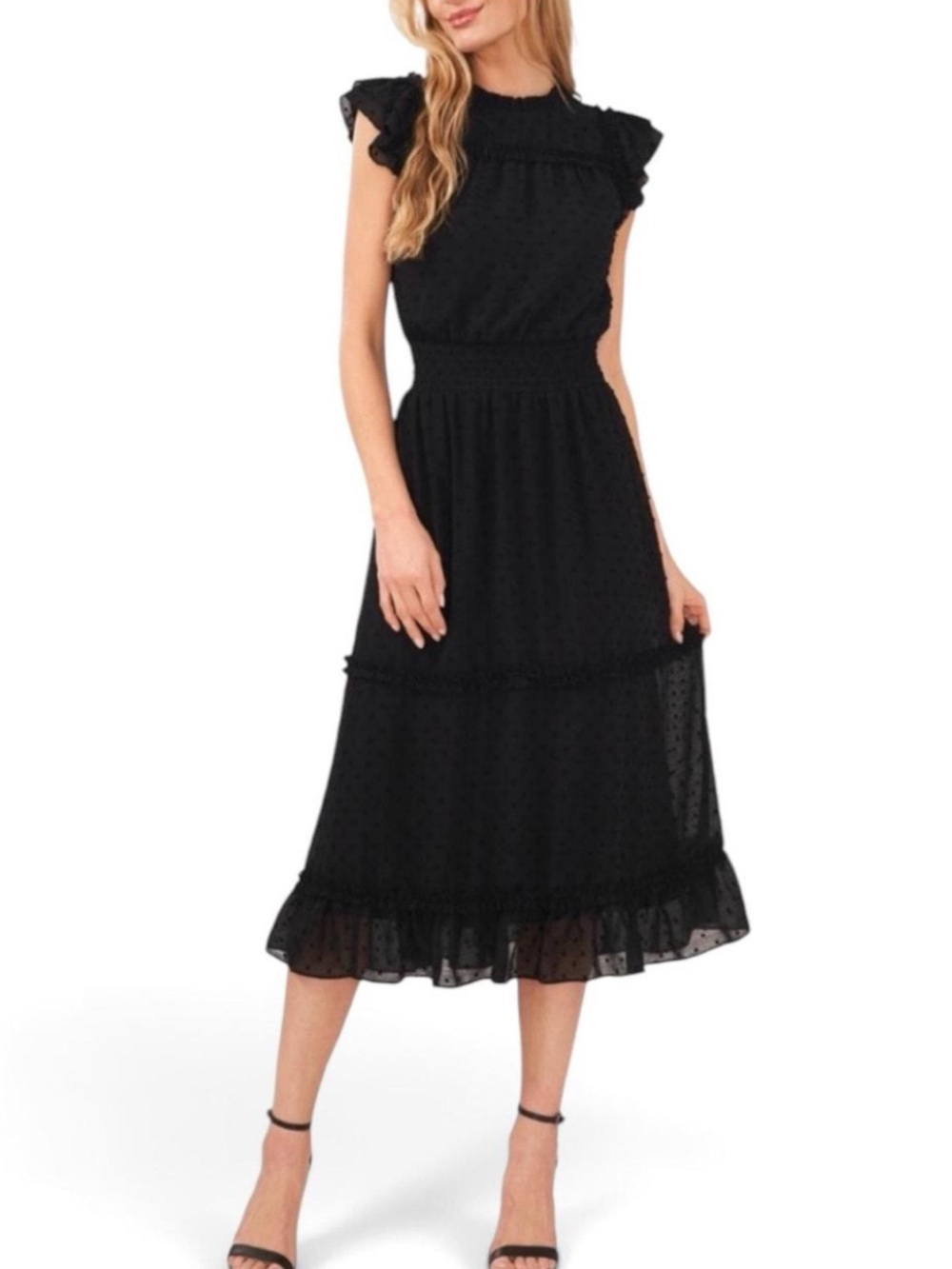CeCe Ruffled Flutter Sleeve Swiss Dot Midi Dress Lush black 3X